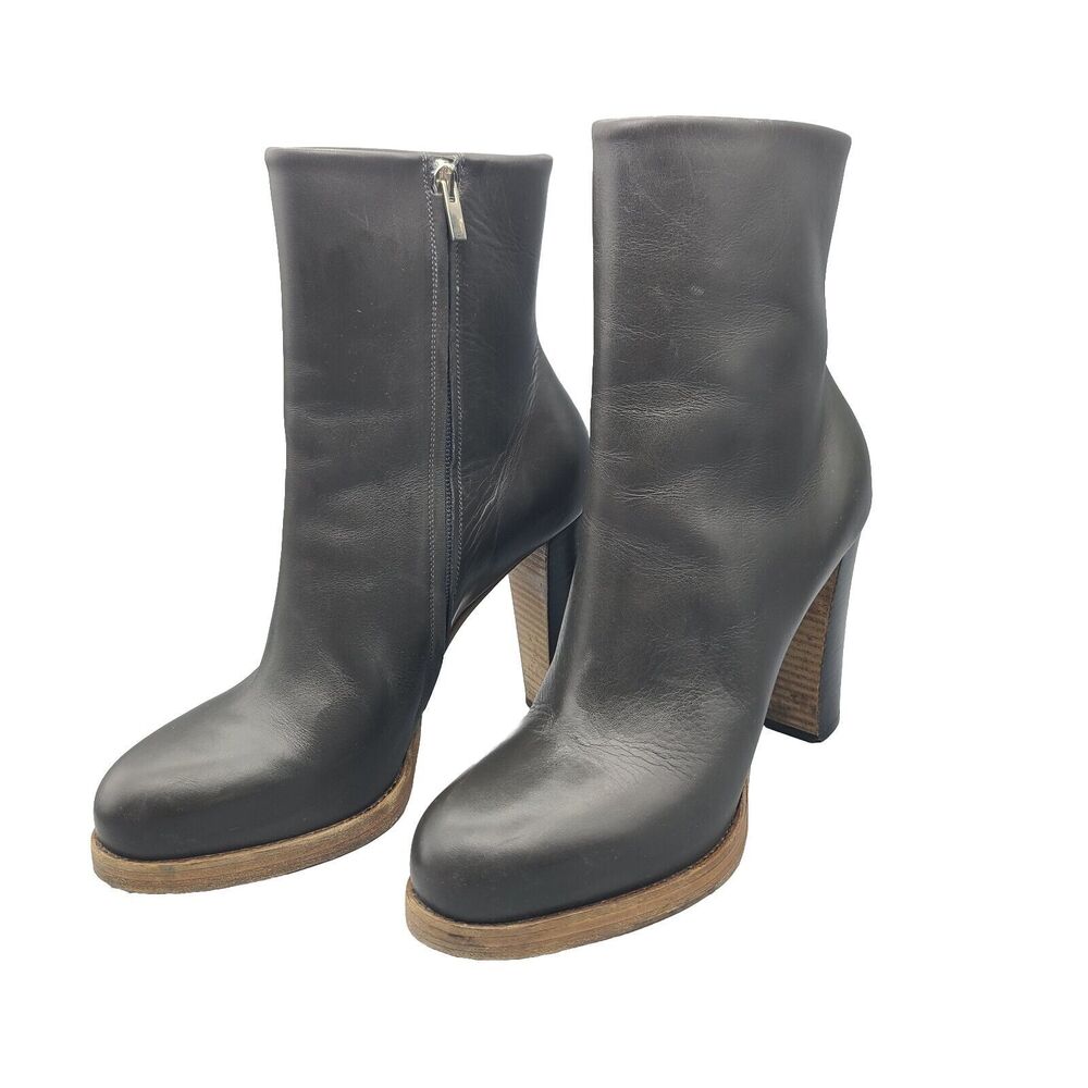 Celine High Heel Booties Ankle Boots Gray Taupe Leather Zipper Size 38 7.5